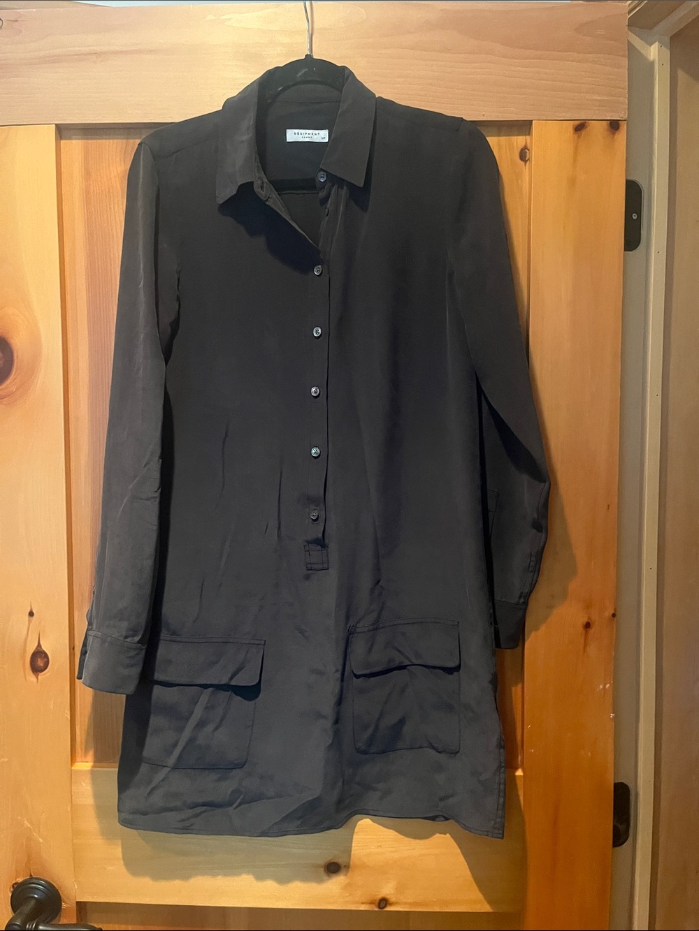 Equipment Black Long-Sleeve Silk Shirt Dress
